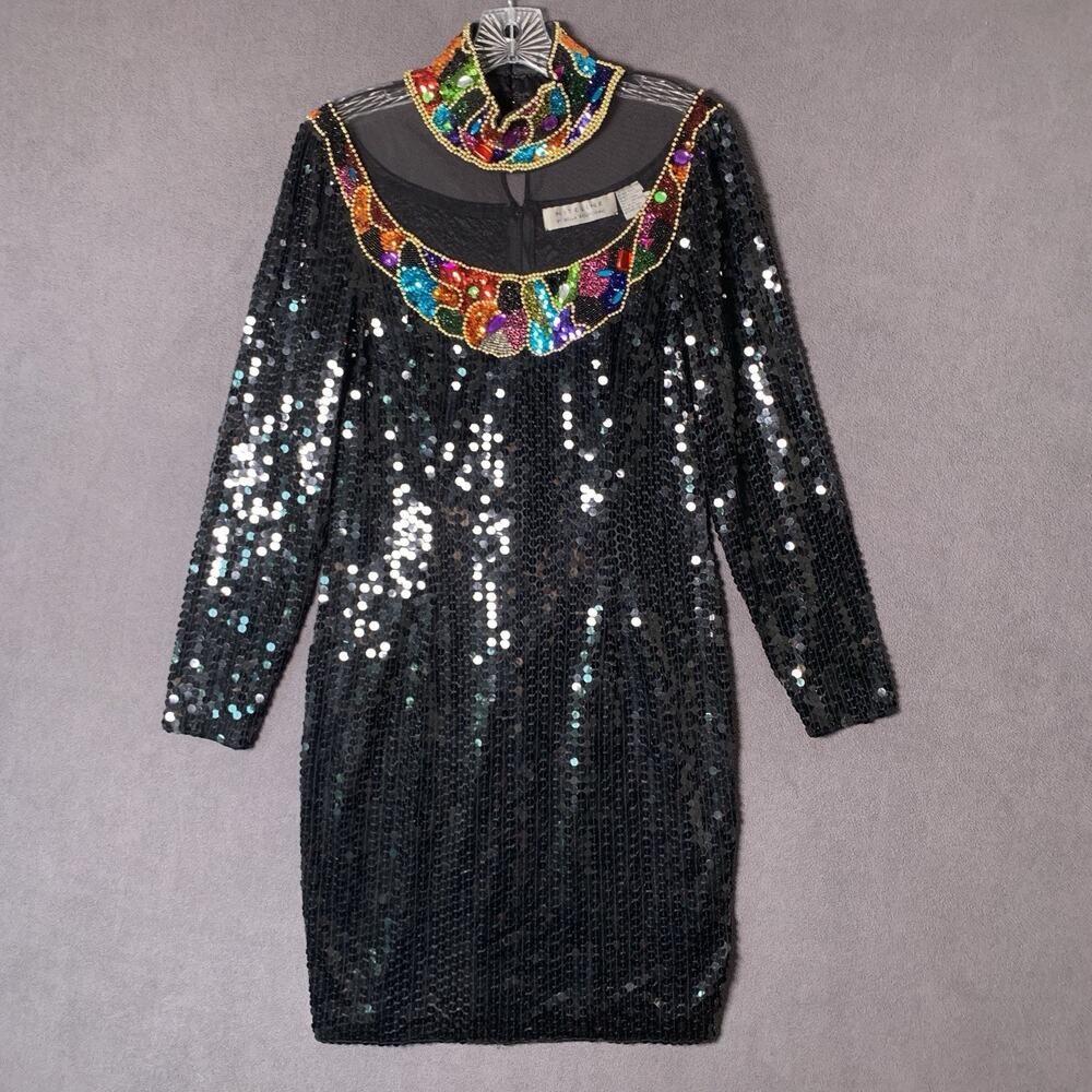 Vtg 80s Dress 12 Sequin Bead Bling Statement Rainbow Niteline Della Roufogali